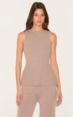 Prettylittlething Mocha Rib Knit Boat Neck Peplum Top