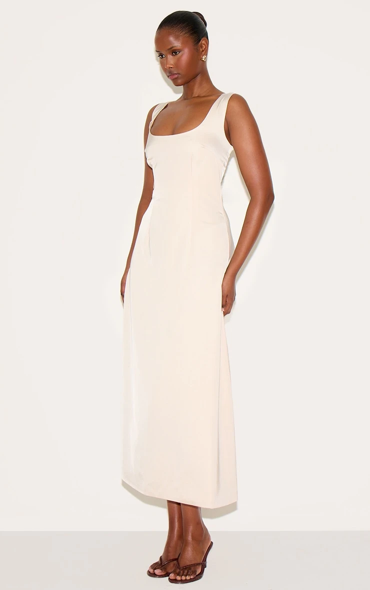 Prettylittlething Natural Satin Drop Waist Midi Dress 3 Prettylittlething Natural Satin Drop Waist Midi Dress - Image 3