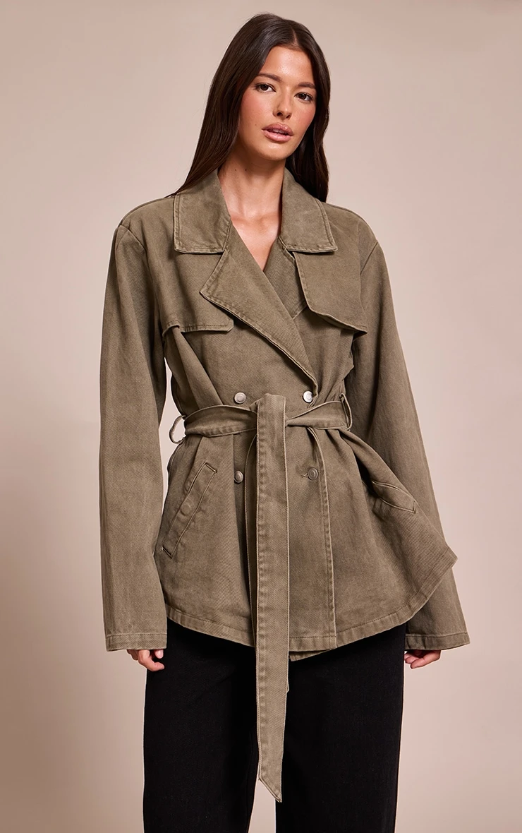 Prettylittlething Olive Belted Cropped Denim Trench 1 Prettylittlething Olive Belted Cropped Denim Trench