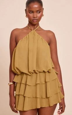 Prettylittlething Olive Chiffon Frill Detail Halterneck Romper