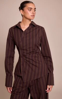 Dark Brown Woven Pinstriped Asymmetrical Shirt