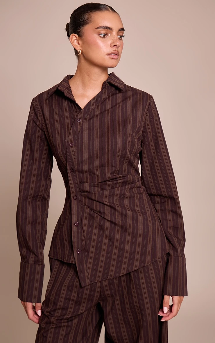 Dark Brown Woven Pinstriped Asymmetrical Shirt 1 Dark Brown Woven Pinstriped Asymmetrical Shirt