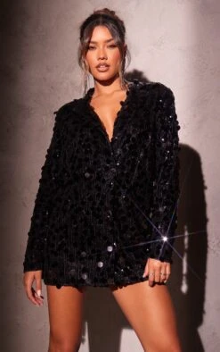 Black Extreme Plunge Sequin Blazer Dress