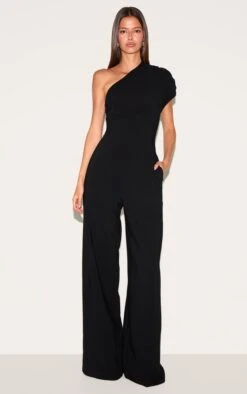 Prettylittlething Black Asymmetric Ruched Wide Leg Jumpsuit