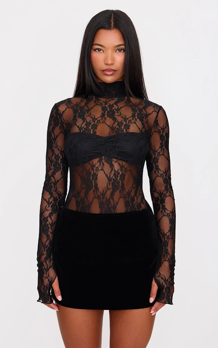 Prettylittlething Black Lace High Neck Long Sleeve Bodysuit 1 Prettylittlething Black Lace High Neck Long Sleeve Bodysuit