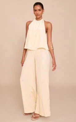 Prettylittlething Cream Crinkle Satin Halterneck Overlay Jumpsuit