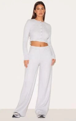 Prettylittlething Ash Grey Brushed Rib Wide Leg Pant