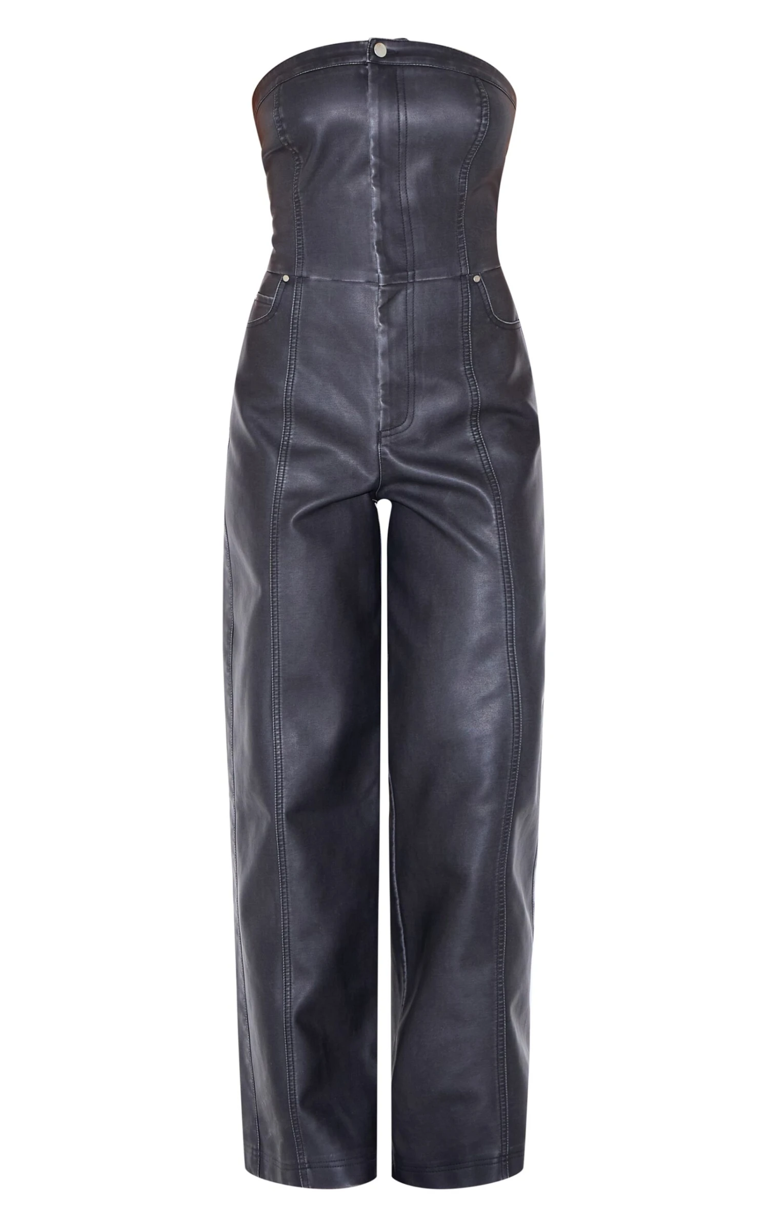 Prettylittlething Black Faux Leather Bandeau Lace Back Straight Leg Jumpsuit 5 Prettylittlething Black Faux Leather Bandeau Lace Back Straight Leg Jumpsuit - Image 5