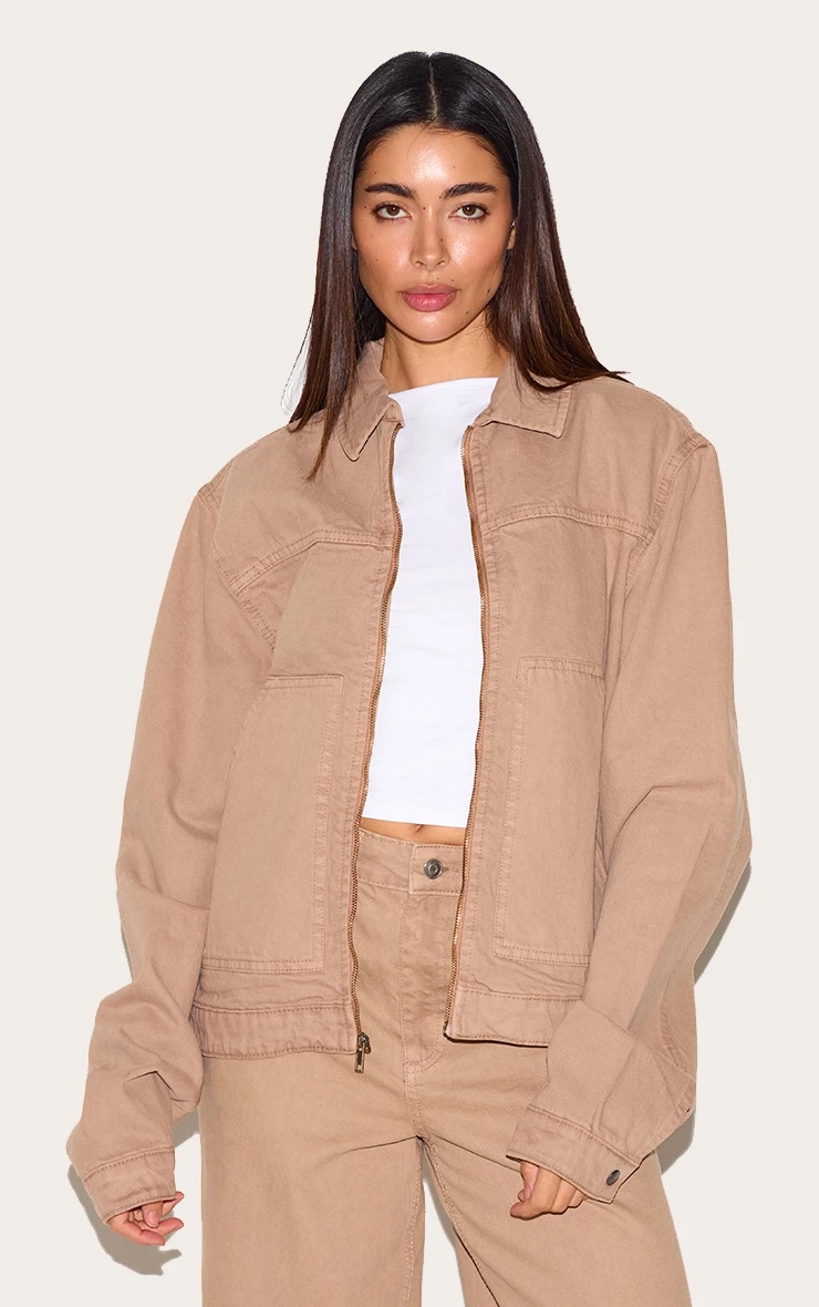 Prettylittlething Taupe Boxy Contrast Seam Carpenter Denim Jacket 1 Prettylittlething Taupe Boxy Contrast Seam Carpenter Denim Jacket