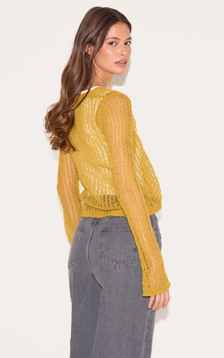 Prettylittlething Olive Ladder Knit Sheer Cropped Tie Front Top - Image 2