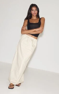 Prettylittlething Stone Stripe Cotton Drawstring Tie Maxi Skirt
