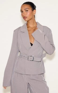 Prettylittlething Grey Tailored Woven Cropped Trench