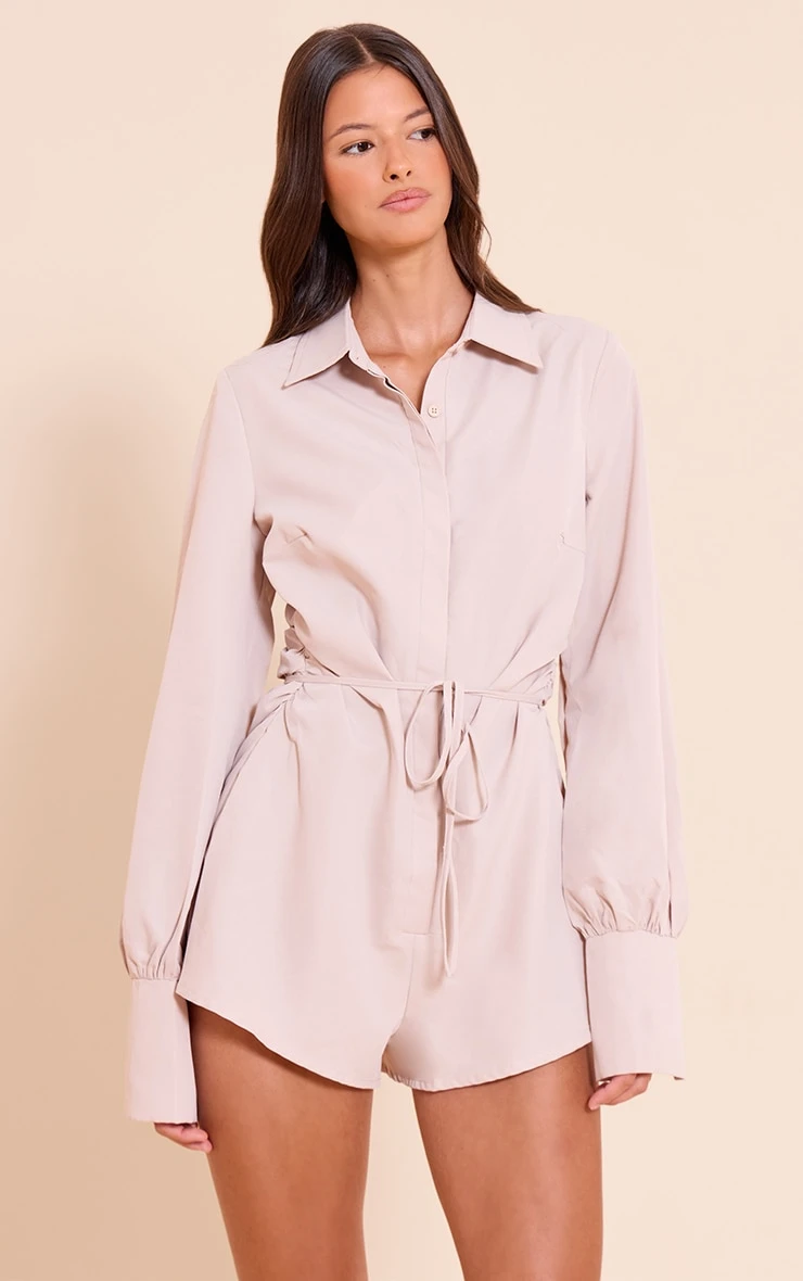Prettylittlething Cream Woven Belt Detail Romper 1 Prettylittlething Cream Woven Belt Detail Romper