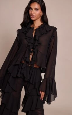 Black Chiffon Frill Long Sleeve Shirt