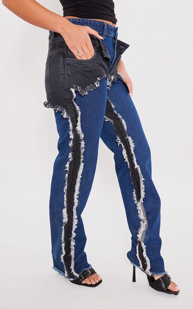 Prettylittlething Washed Indigo Layered Effect Straight Leg Jeans 2 Prettylittlething Washed Indigo Layered Effect Straight Leg Jeans - Image 2