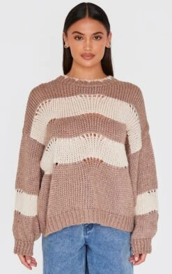 Prettylittlething Mocha Stripe Distressed Detail Chunky Knit Sweater