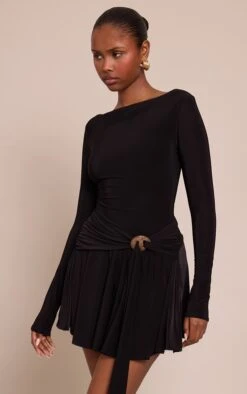 Prettylittlething Black Slinky Trim Belt Detail Mini Shift Dress