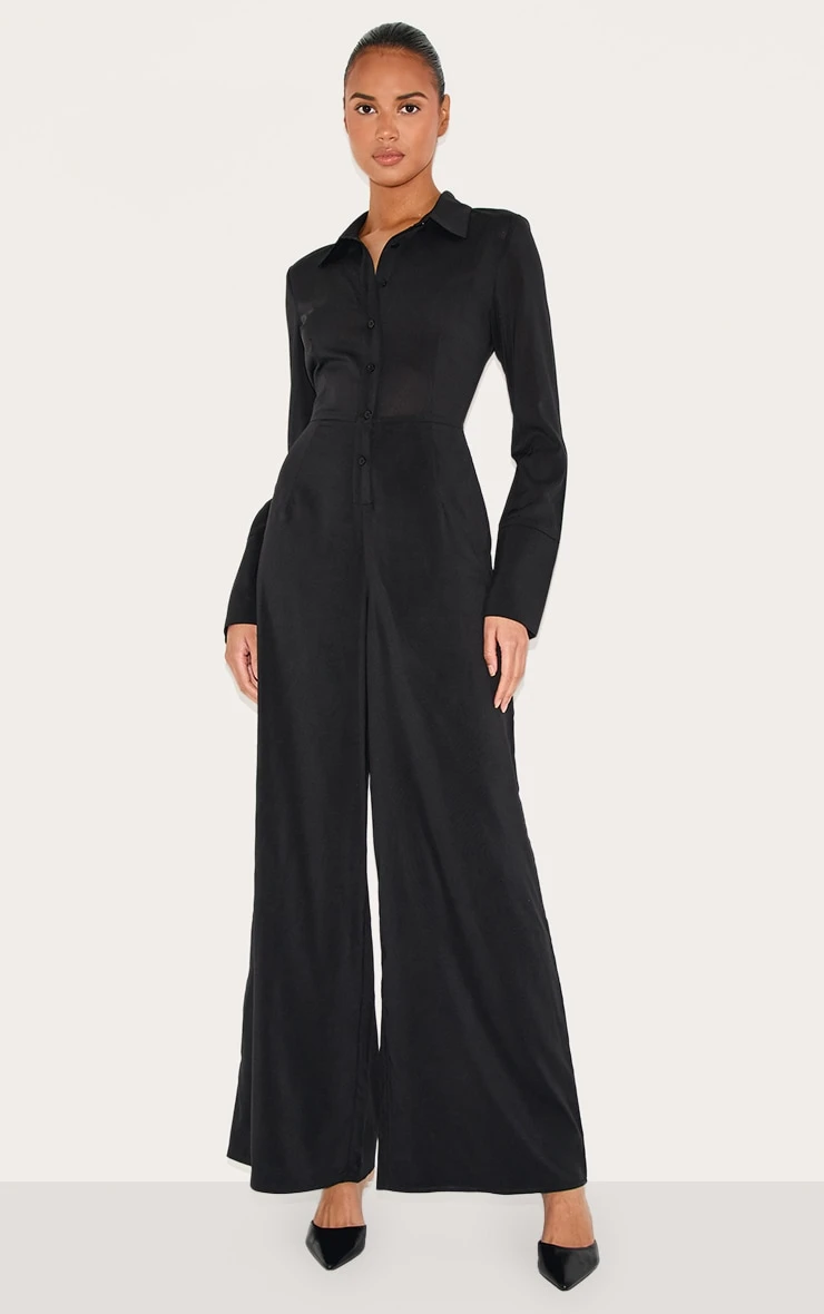 Prettylittlething Black Chiffon Long Sleeve Cinched Wide Leg Jumpsuit