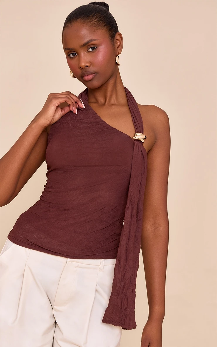 Prettylittlething Chocolate Double Layer Crinkle Mesh Drape Detail Long Top 4 Prettylittlething Chocolate Double Layer Crinkle Mesh Drape Detail Long Top - Image 4