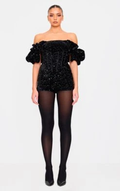 Black Velvet Sequin Puff Sleeve Romper -Pretty Little Thing Shop 3fbb7580e0b86ec6627e8d38aa7d5c053692d011 cnk6974 3