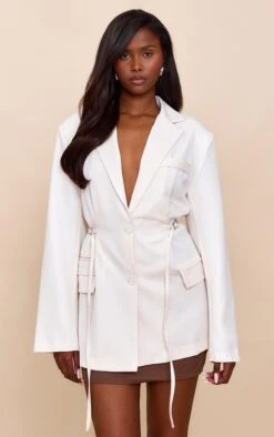 Prettylittlething Ecru Belt Detail Blazer