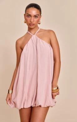 Prettylittlething Blush Textured Halterneck Linen Look Puffball Dress