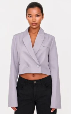 Prettylittlething Grey Woven Cropped Shoulder Padded Blazer