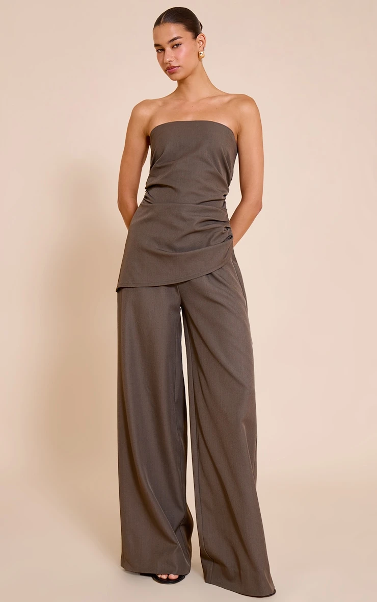 Prettylittlething Mushroom Woven Ruched Wide Leg Jumpsuit 1 Prettylittlething Mushroom Woven Ruched Wide Leg Jumpsuit