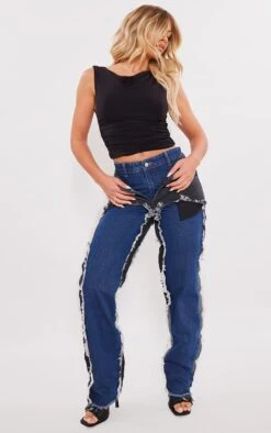 Prettylittlething Washed Indigo Layered Effect Straight Leg Jeans