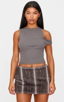 Prettylittlething Dark Grey Ribbed Asymmetric Vest Top