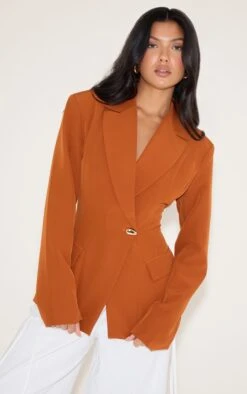 Prettylittlething Rust Cinch Waist Lapel Point Detail Blazer