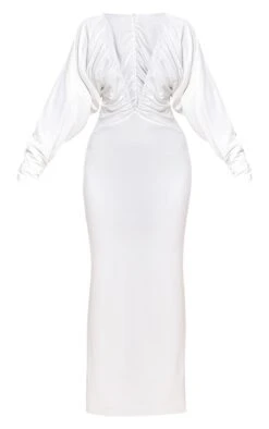 Prettylittlething PLT Label White Slinky Ruched Plunge Batwing Maxi Dress -Pretty Little Thing Shop 4179c875a366296173452ab507c97a69780ded93 CNN5924 6 plt label white slinky ruched plunge batwing maxi dress