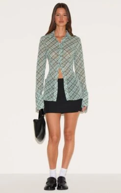 Prettylittlething Green Check Sheer Fitted Shirt -Pretty Little Thing Shop 41cad49f3199151c96d55a96d64be95b9bf7918c CNM1666 3 green check sheer fitted shirt