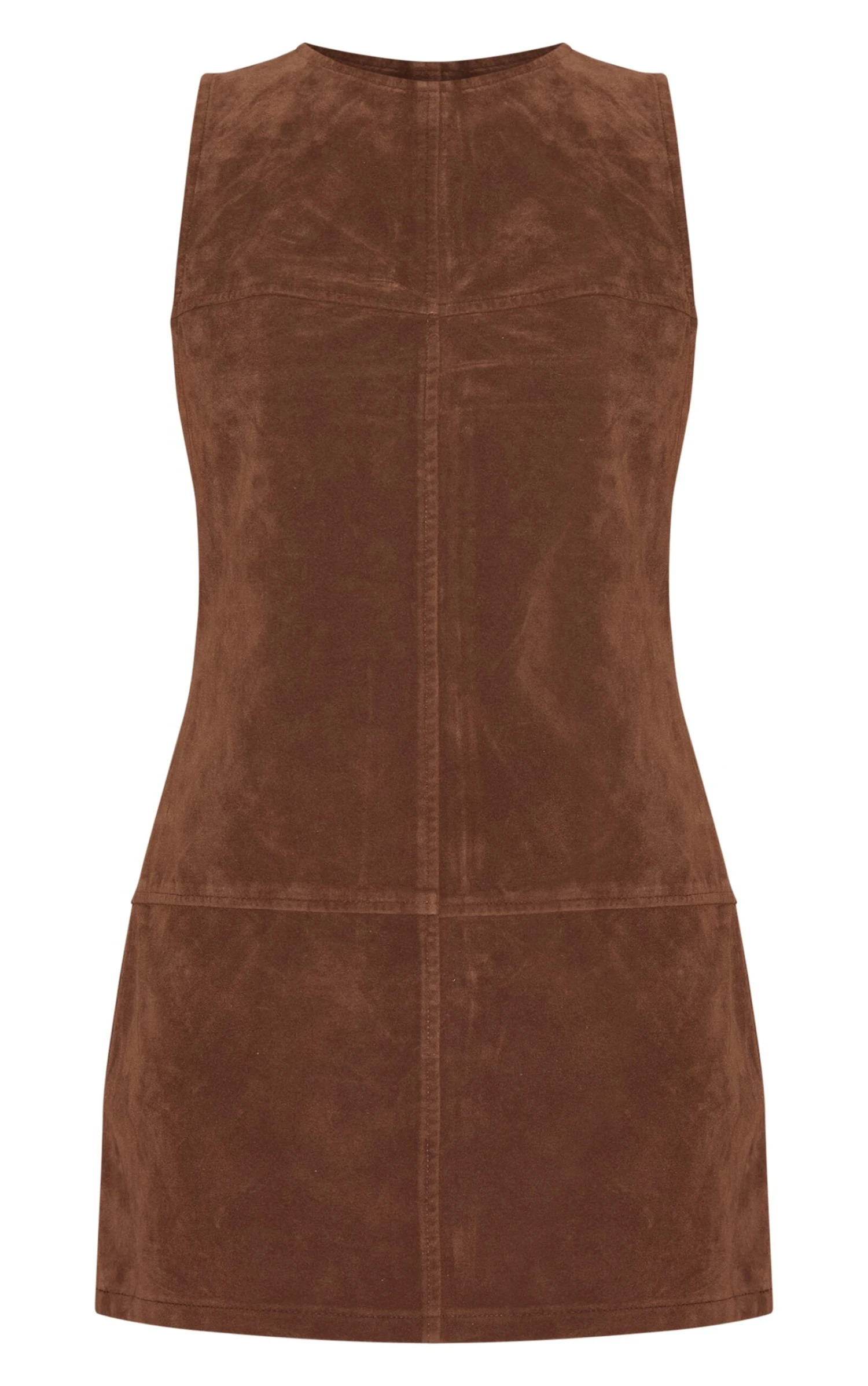 Prettylittlething Deep Chocolate Structured Faux Suede Seam Detail Sleeveless Shift Dress - Image 5