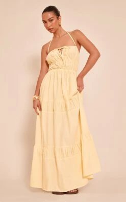 Prettylittlething Lemon Ruched Backless Strappy Maxi Dress