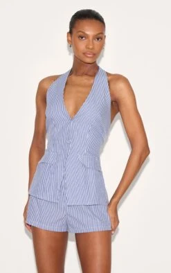 Prettylittlething Blue Pinstripe Halter Vest Tailored Romper
