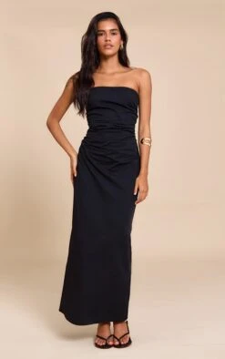 Prettylittlething Black Bandeau Ruched Midaxi Dress
