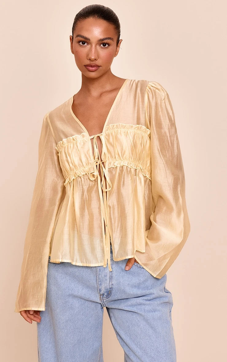 Prettylittlething Butter Yellow Chiffon Tie Front Ruched Blouse 1 Prettylittlething Butter Yellow Chiffon Tie Front Ruched Blouse