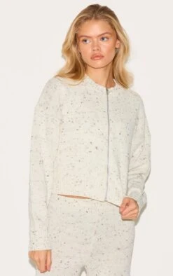 Prettylittlething Cream Space Dye Knitted Zip Up Cardigan