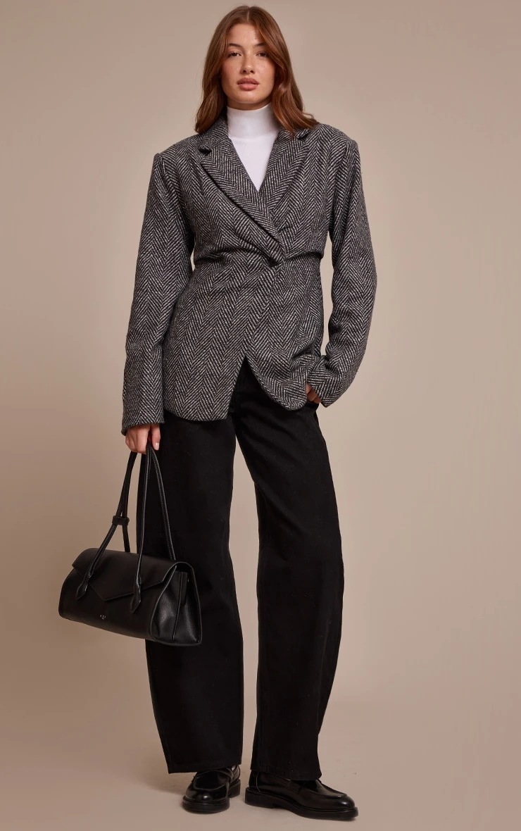 Prettylittlething Grey Herringbone Gathered Cinched Waist Blazer 3 Prettylittlething Grey Herringbone Gathered Cinched Waist Blazer - Image 3