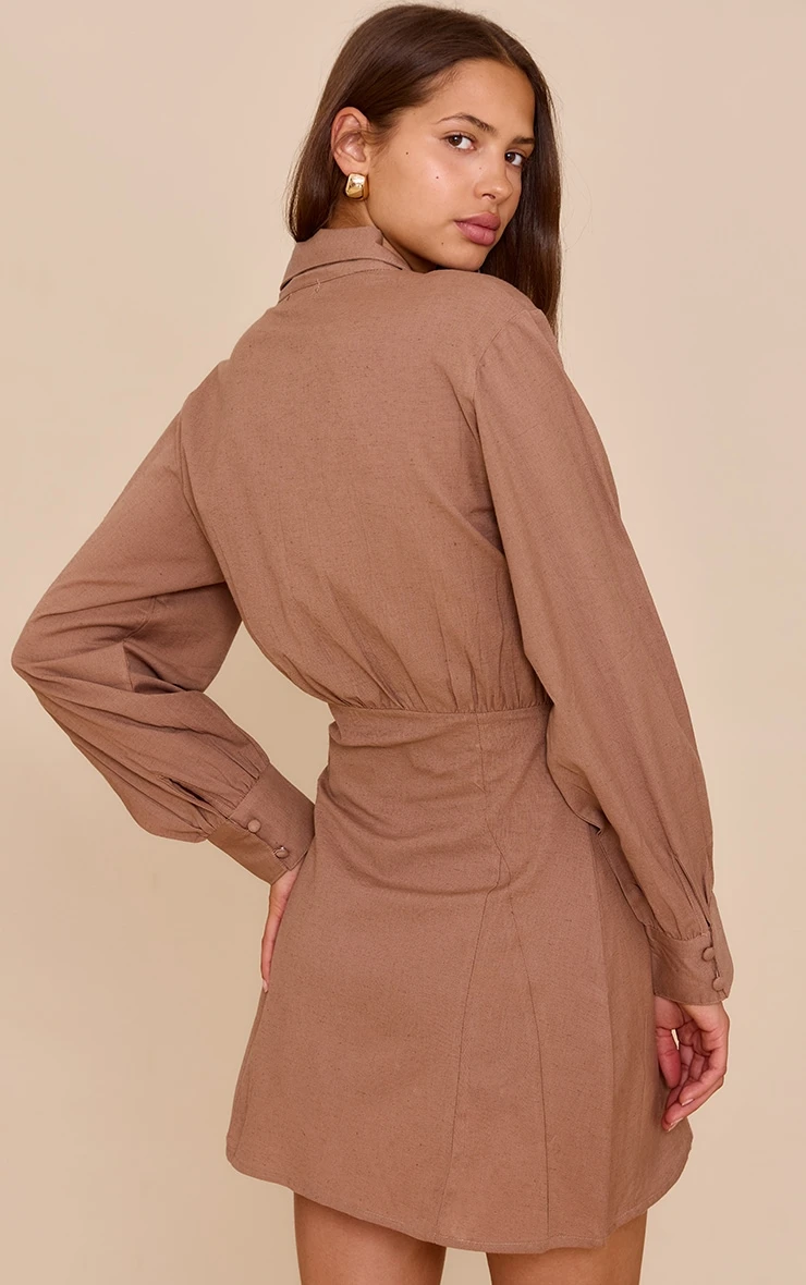 Prettylittlething Mocha Plunge Shirt Dress 2 Prettylittlething Mocha Plunge Shirt Dress - Image 2