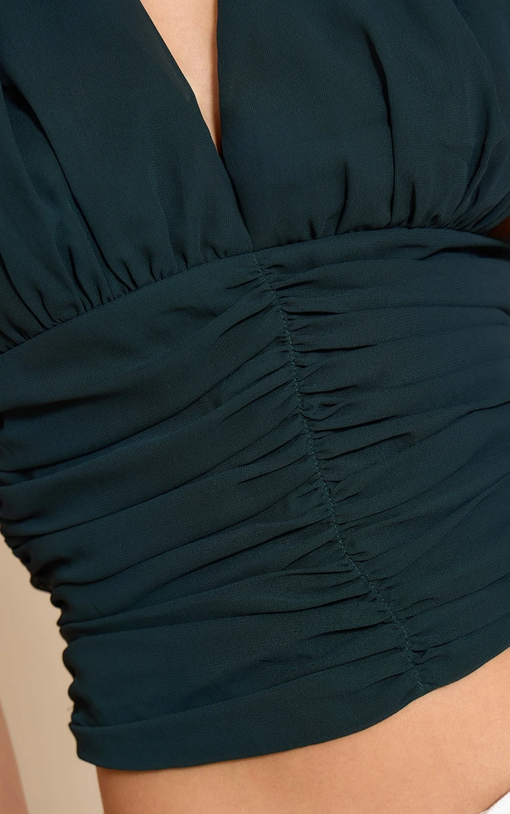 Emerald Green Chiffon Plunge Ruched Bodice Top 4 Emerald Green Chiffon Plunge Ruched Bodice Top - Image 4