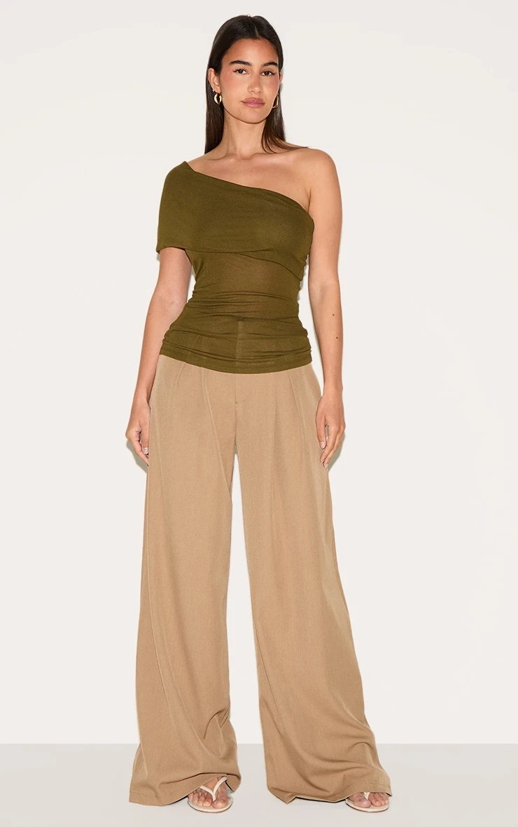Prettylittlething Olive Sheer Soft Touch Fold Over Detail One Shoulder Long Top - Image 3