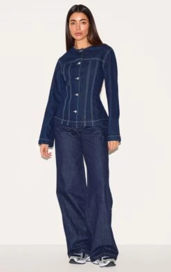 Prettylittlething Indigo Round Neck Cinched Long Sleeve Denim Jacket -Pretty Little Thing Shop 4358fab8d36919f10619cc12bb757c99c6b96e89 CNL6325 3 light indigo cinched long sleeve denim jacket