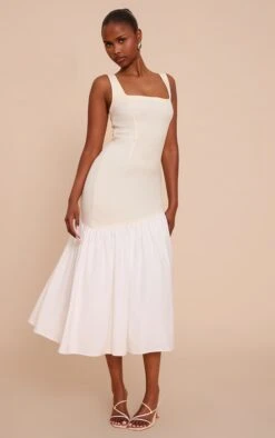 Prettylittlething Lemon Contrast Pleated Hem Square Neck Midaxi Dress