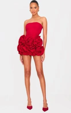 Prettylittlething Red Oversized Rose Detail Bandeau Skort Romper