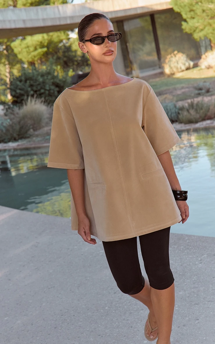 Prettylittlething Sand Faux Suede Oversized Boxy Detail Structured Top 4 Prettylittlething Sand Faux Suede Oversized Boxy Detail Structured Top - Image 4