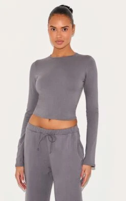 Prettylittlething Charcoal Cotton Long Sleeve Crew Neck Top