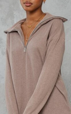 Prettylittlething Mocha Rib High Neck Half Zip Oversized Sweater Dress -Pretty Little Thing Shop 43da8b3f7d8be5733cec892188b2c9b31bc11629 cna3032 4