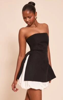 Black Tailored Bandeau Puffball Hem Shift Dress